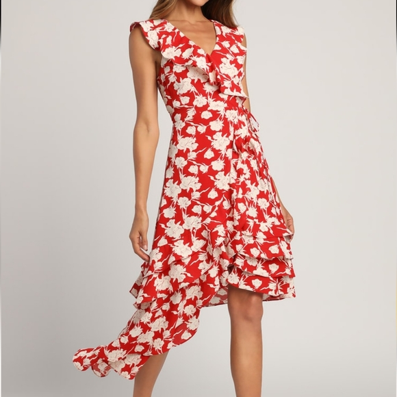 Lulus Dresses & Skirts - NWT Lulus All the Lovely Days Red Floral Print Asymmetrical Wrap Dress XL